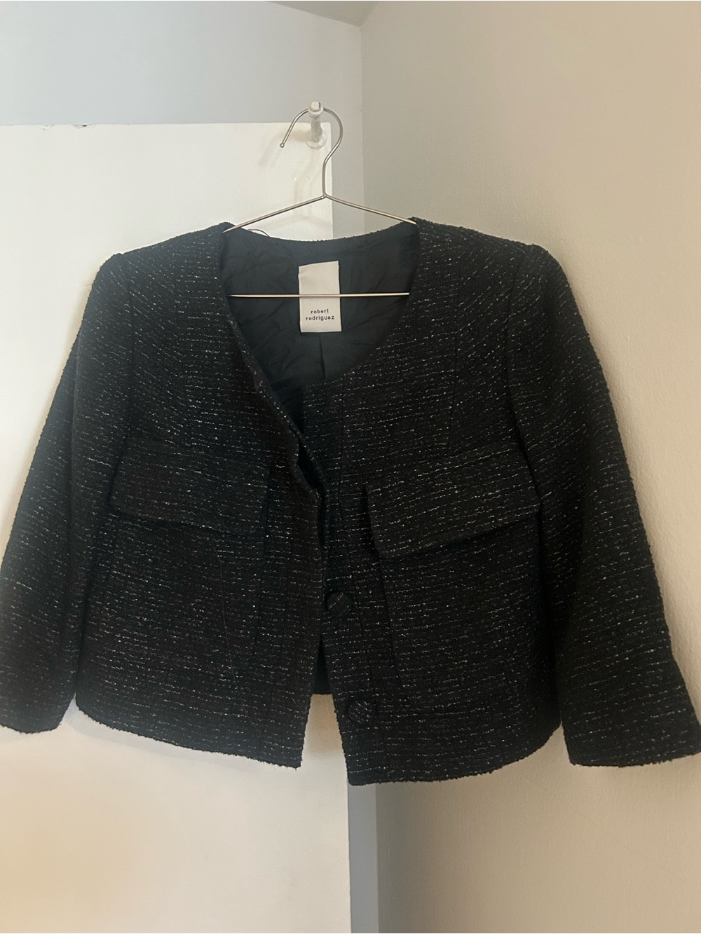Robert Rodriguez Black Tweed Collarless Boxy Jacket